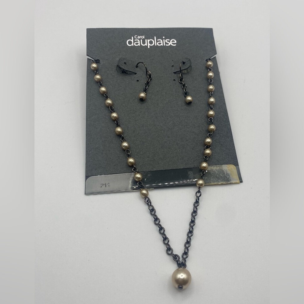 Carol Dauplaise Dark Silver and Pearl Earring and Necklace Set